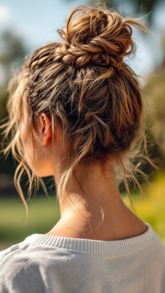 A woman with a messy bun hairstyle adorned with a braided accent, set against a blurred outdoor background.