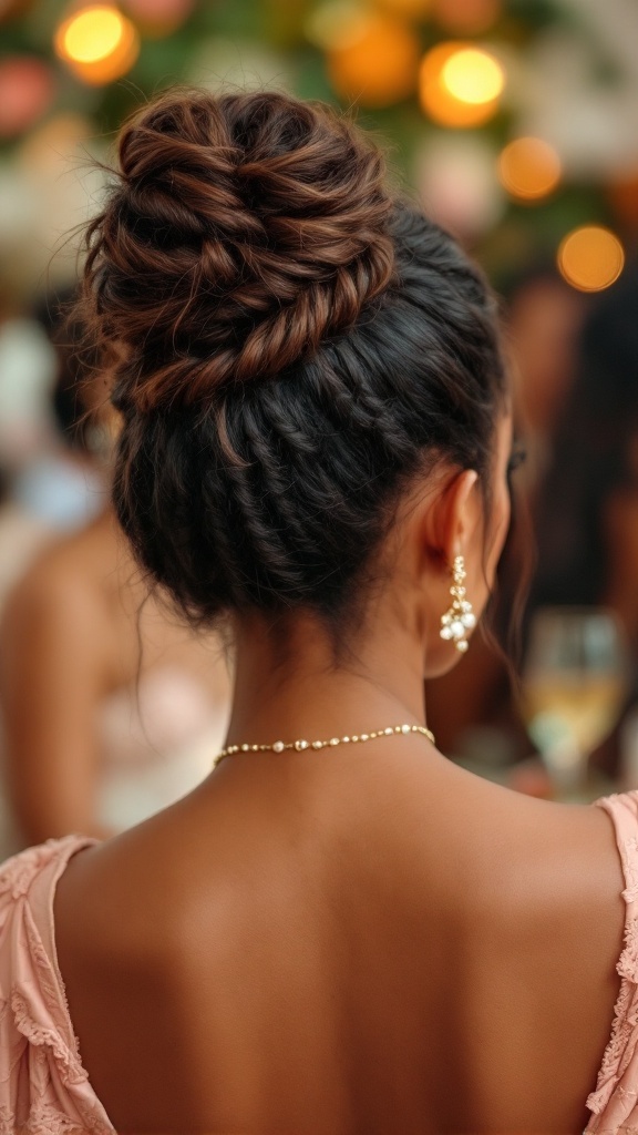 A woman with a messy bun hairstyle featuring braided detail, wearing a pink dress, with blurred background.