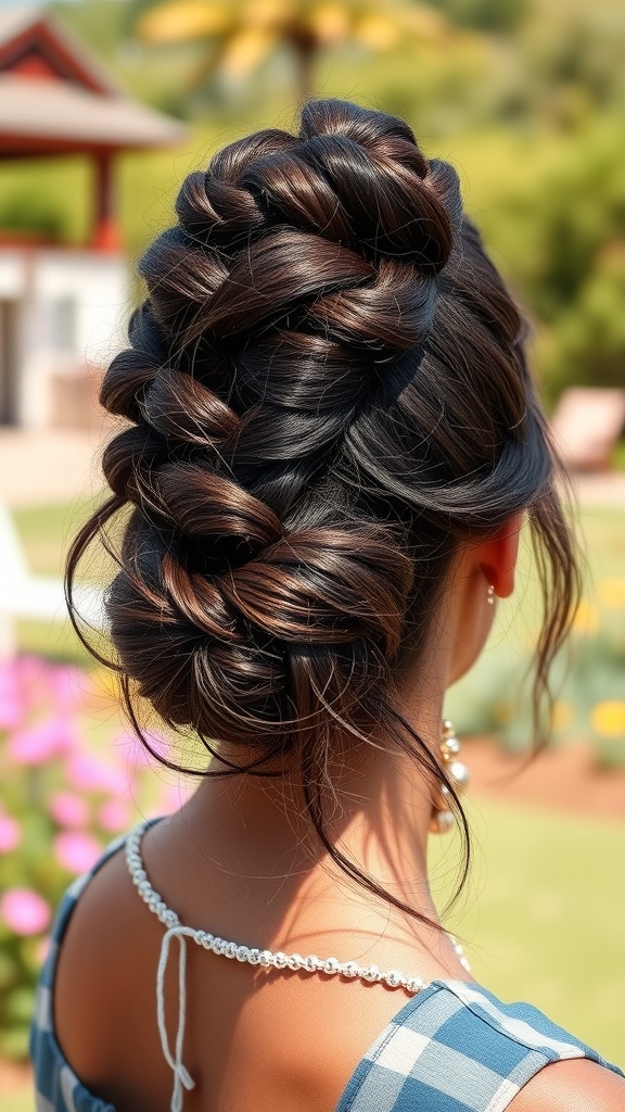 A back view of a messy bun hairstyle with braids, showcasing the intricate weaving and relaxed look.