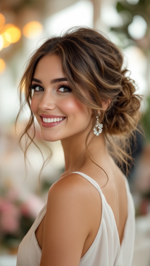 A woman with a messy bun hairstyle, featuring cascading strands, wearing elegant earrings and a flowing dress.