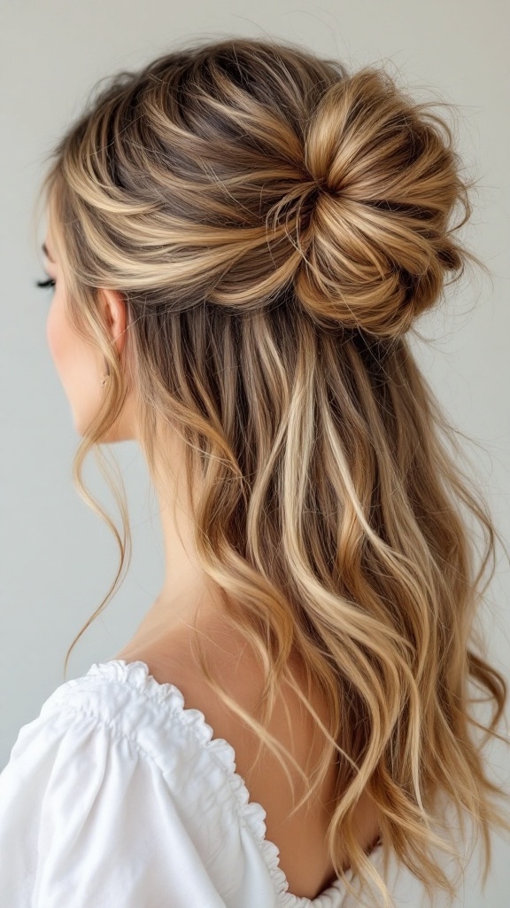 A woman with hair styled in a messy bun and cascading waves