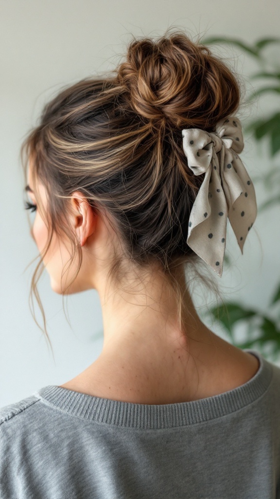 A messy bun hairstyle adorned with a casual bow accessory