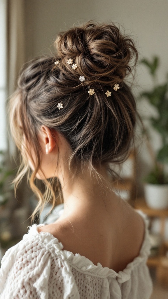 A messy bun hairstyle for a little girl, adorned with small decorative clips