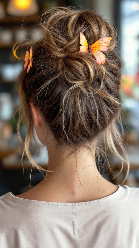 A woman with a messy bun hairstyle adorned with colorful butterfly clips.