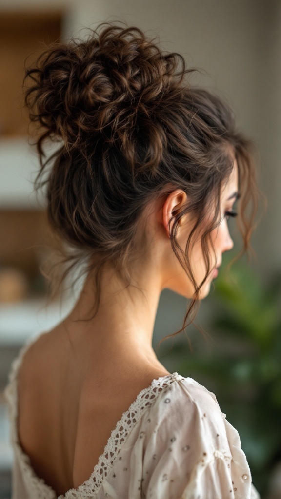 A woman with medium length curly hair styled in a messy bun with curly tendrils falling around her face.