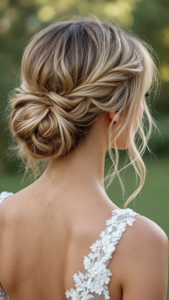 A woman with a messy bun and curtain bangs, showcasing a casual yet elegant hairstyle for a bridesmaid.