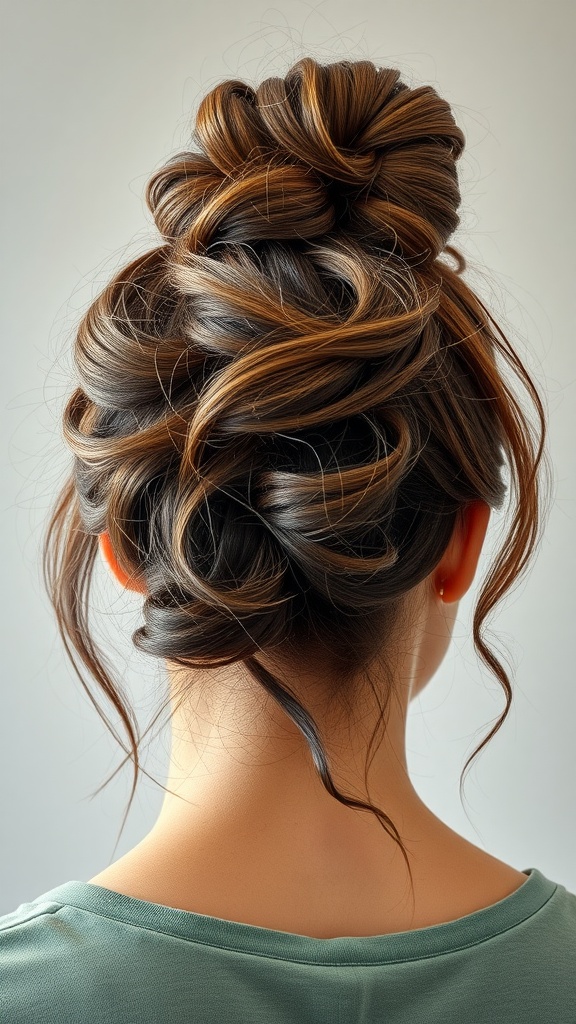 A person with a messy bun hairstyle featuring deep wave strands, viewed from the back.
