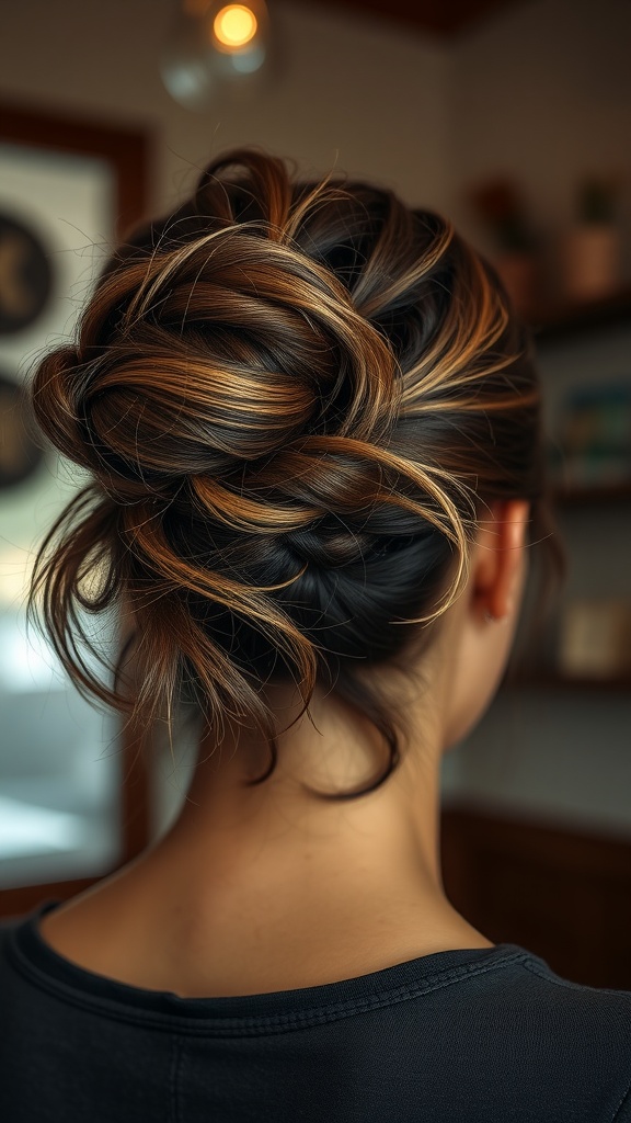 A person with a messy bun hairstyle featuring delicate face-framing strands, showcasing a casual yet stylish look.