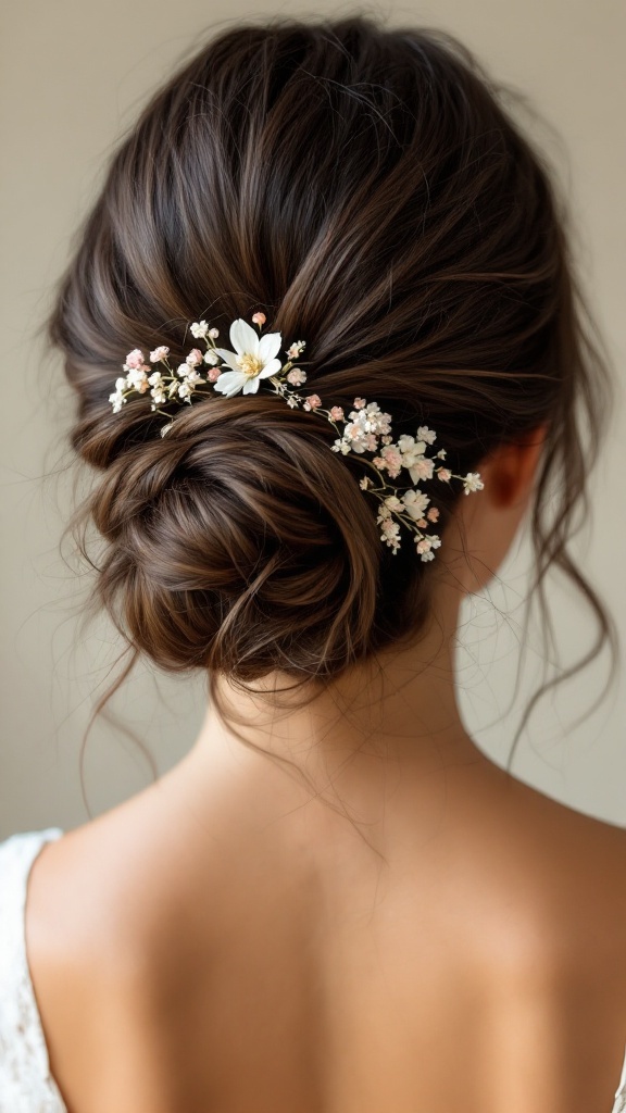 Messy bun hairstyle with delicate hair pins and soft decorations
