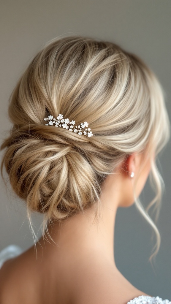 A messy bun hairstyle adorned with delicate hairpins