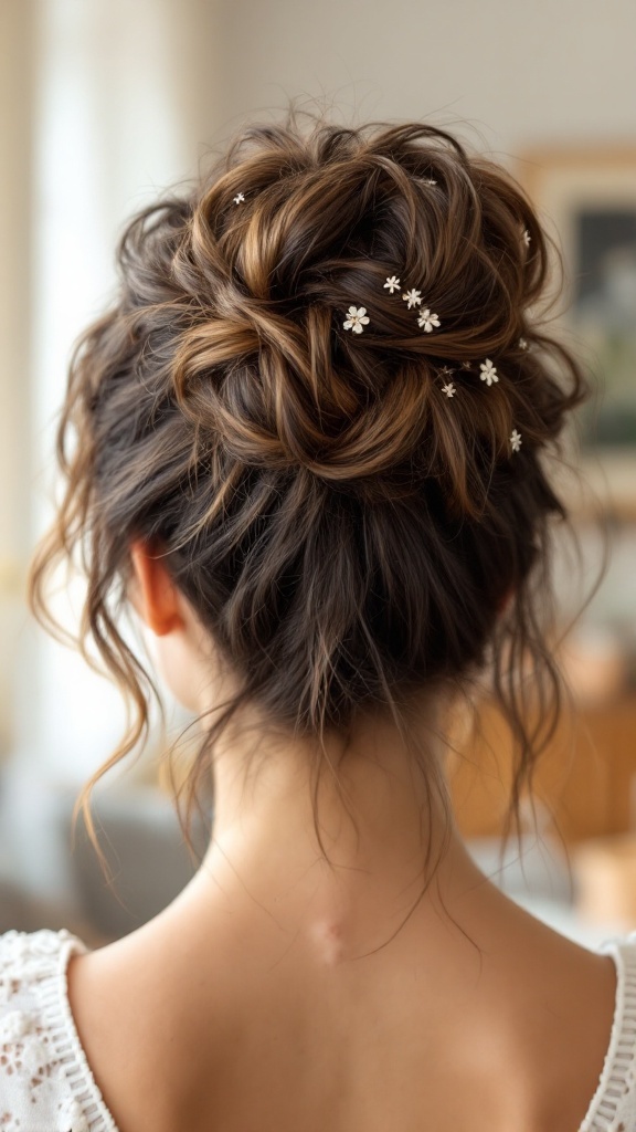A woman with a messy bun hairstyle adorned with delicate hairpins, viewed from the back.