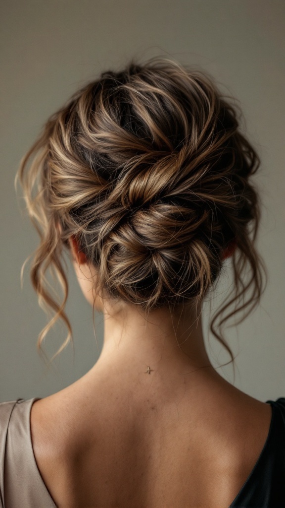 A messy bun hairstyle with elegant draping, perfect for formal events.