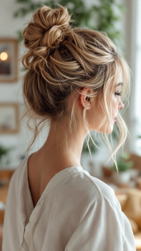A close-up view of a messy bun hairstyle with face-framing curls.