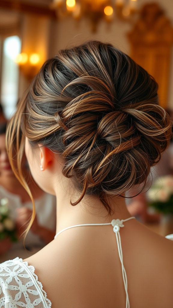 Close-up of a messy bun hairstyle with face-framing strands, showcasing a loose and stylish look.
