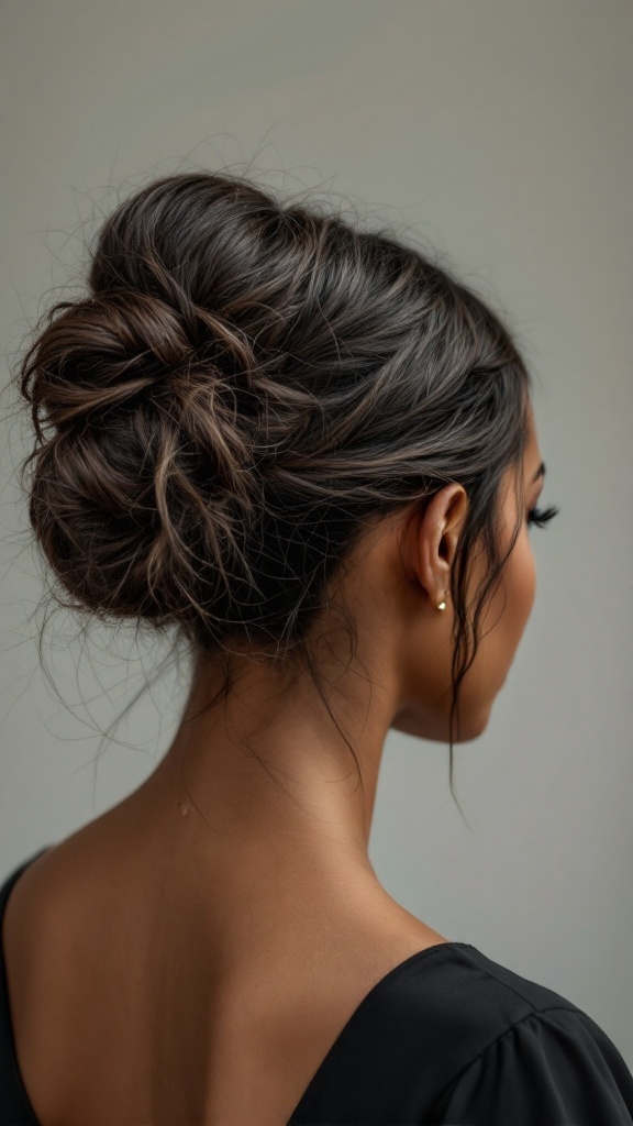 A close-up of a messy bun hairstyle on black hair, featuring face-framing strands