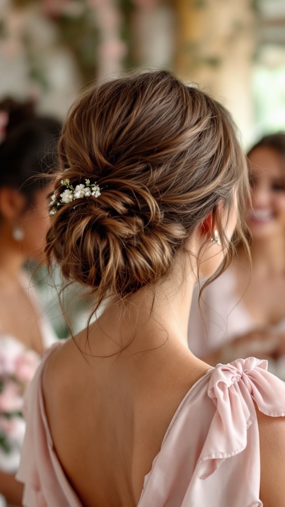 A brunette bridesmaid with a messy bun hairstyle adorned with flowers, showcasing face-framing strands.