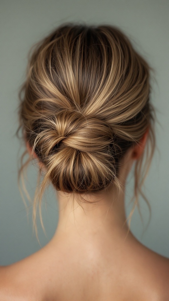 A messy bun hairstyle with face-framing strands, showcasing a relaxed and chic look.