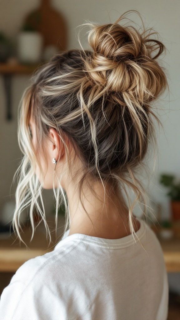 A woman with medium-length hair styled in a messy bun, showcasing face-framing strands.