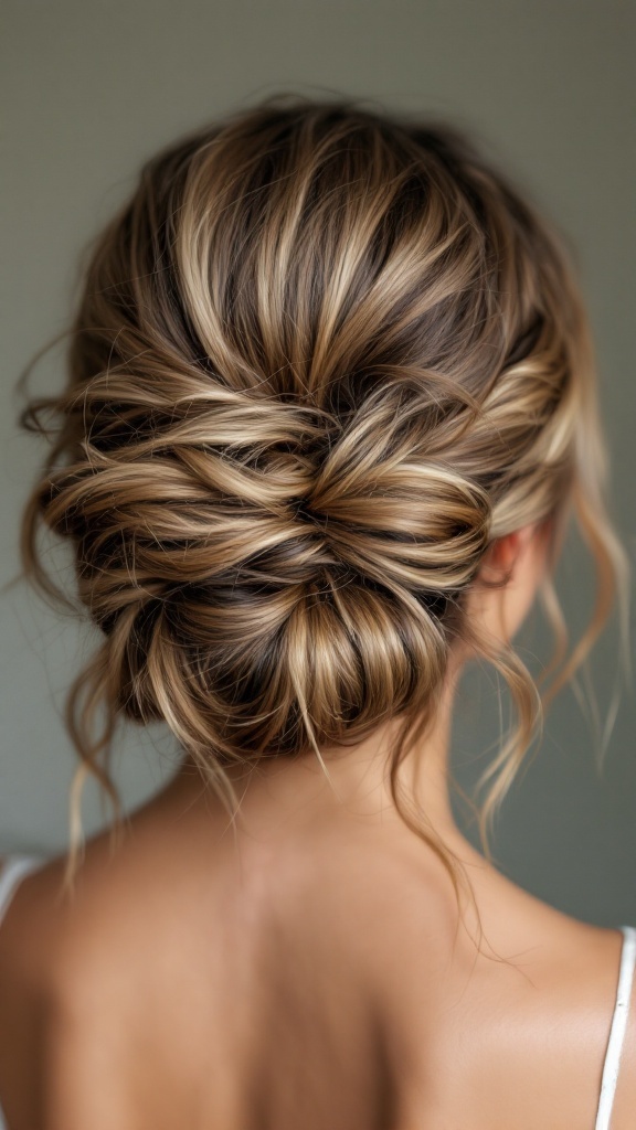 A person showcasing a messy bun hairstyle with face-framing tendrils, perfect for a wedding guest.