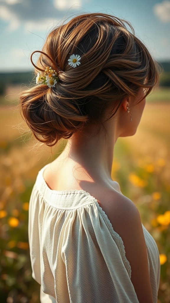A woman with a messy bun decorated with field flowers, set against a backdrop of nature.