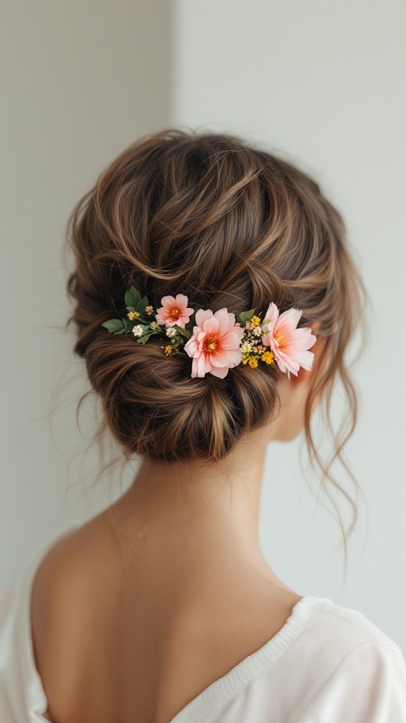 A stylish messy bun hairstyle adorned with pink and yellow floral accents.