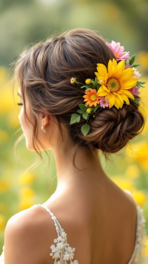 A woman with a messy bun hairstyle adorned with colorful flowers, set against a backdrop of yellow flowers.