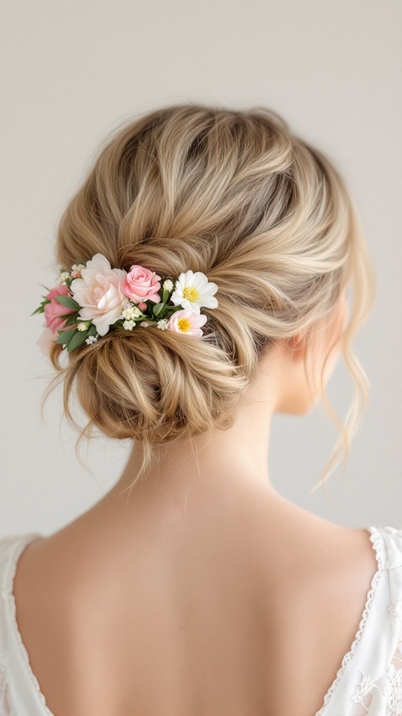 A woman with long, wavy hair styled in a messy bun adorned with pastel floral accents.