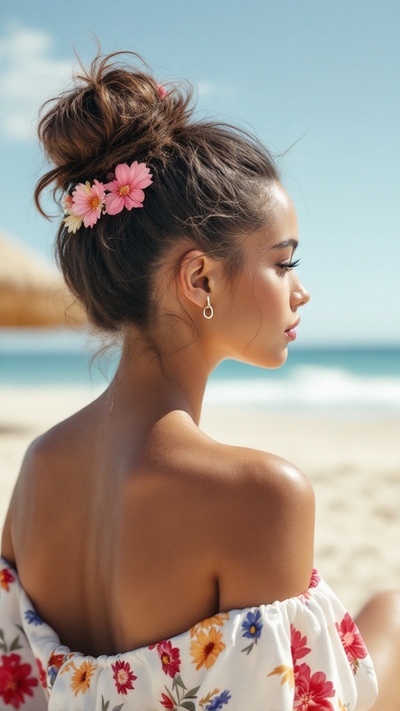 A woman with long hair styled in a messy bun, decorated with pink flowers, sitting on a beach.