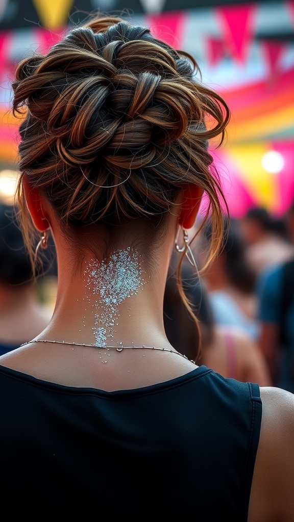 A woman with a messy bun hairstyle adorned with glitter at the roots, showcasing a trendy festival look.