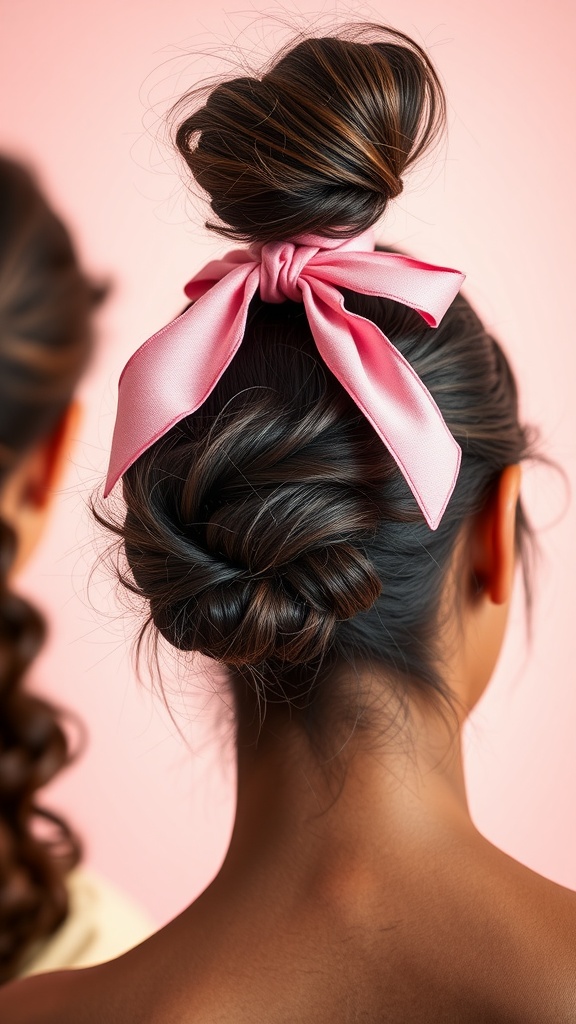A close-up view of a messy bun hairstyle adorned with a pink ribbon.