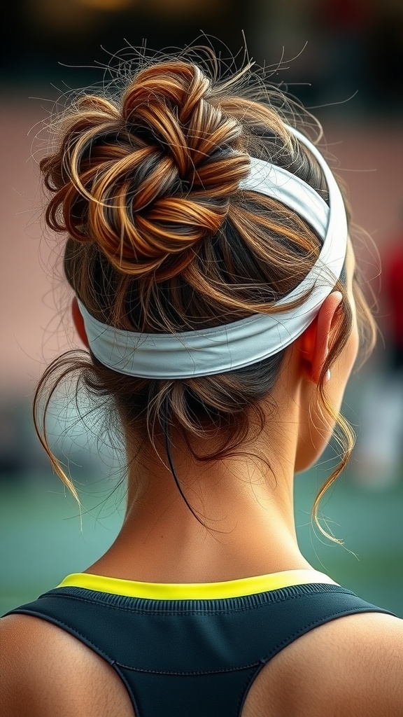 A woman with a messy bun hairstyle, wearing a white headband and a sporty outfit, viewed from the back.