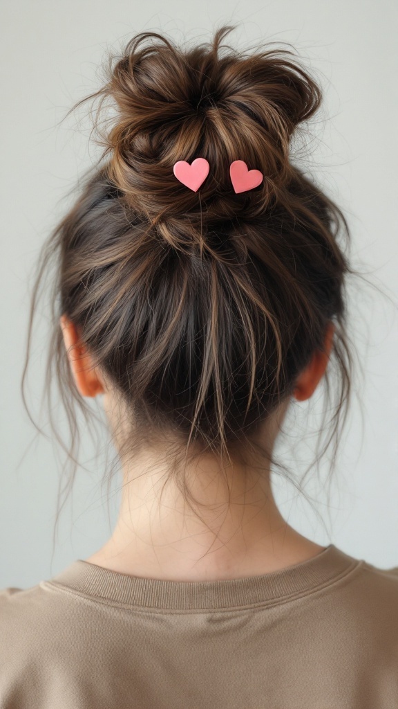 A messy bun hairstyle adorned with pink heart clips.