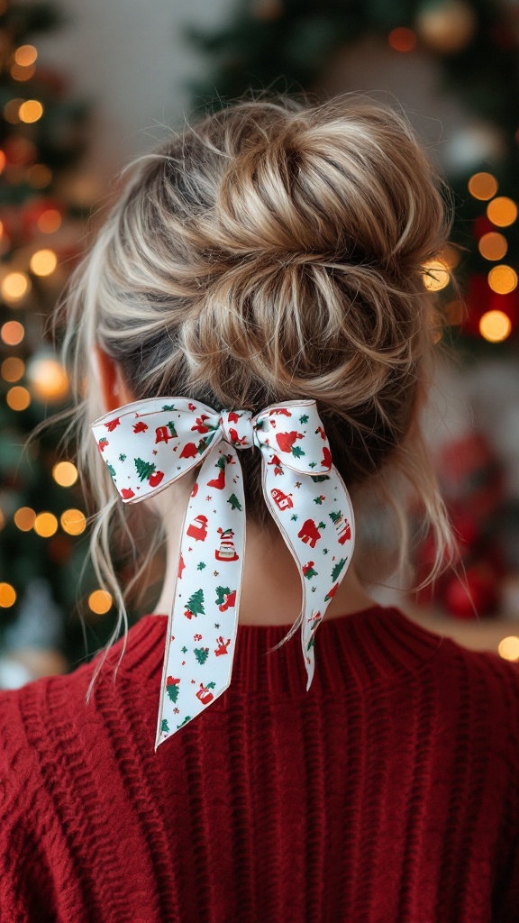A messy bun hairstyle with a holiday ribbon, set in a cozy inside living room environment.