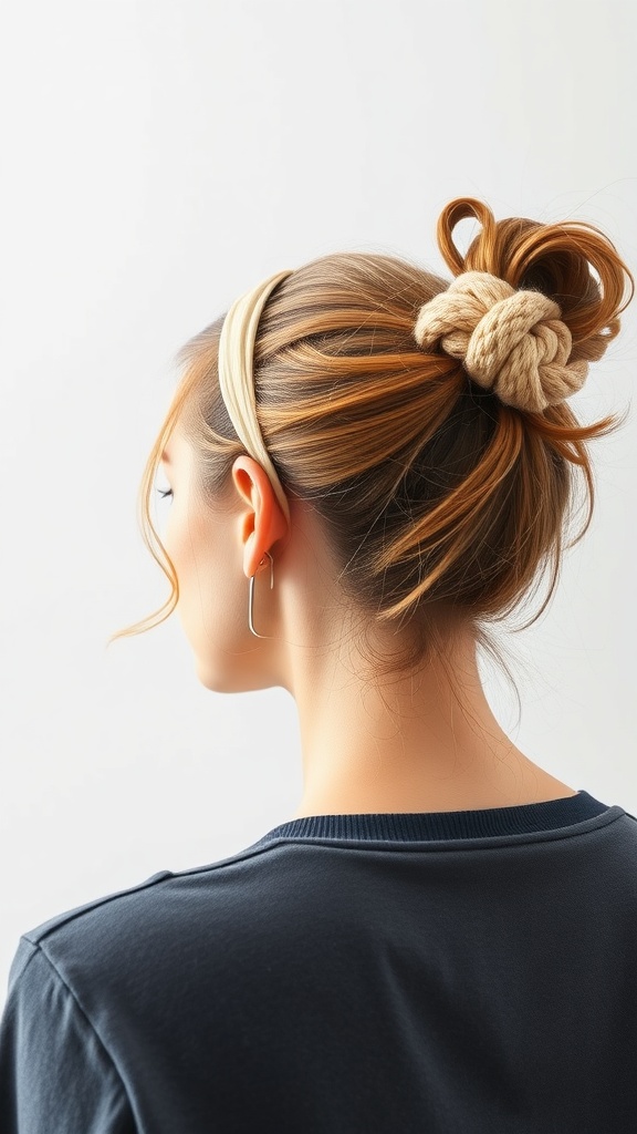 A woman showcasing a messy bun hairstyle secured with a knotted headband, viewed from the back.