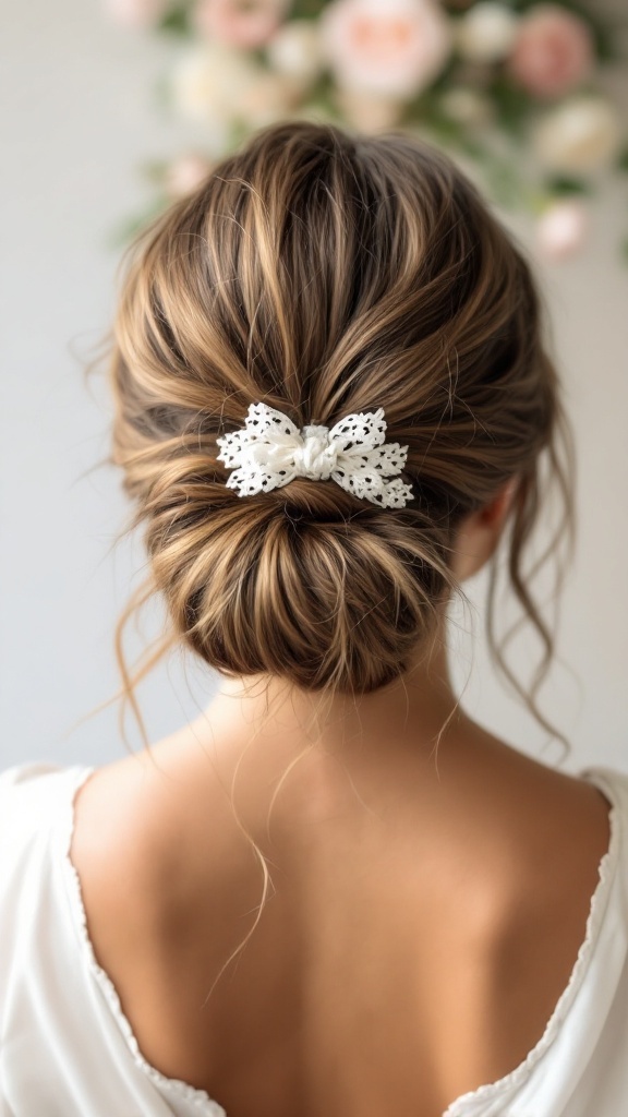 A messy bun hairstyle adorned with a lace ribbon, viewed from the back.