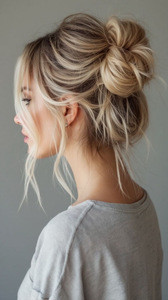 A woman with medium-length hair styled in a messy bun with loose layers.