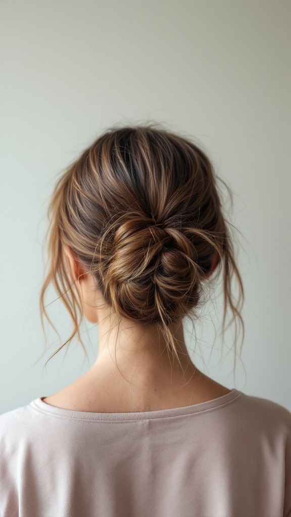 A woman with short hair styled in a messy bun with loose strands.