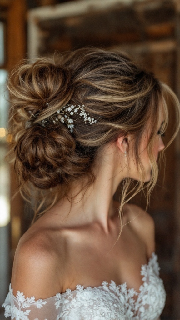 A side view of a messy bun hairstyle with loose strands and floral hairpins, suitable for bridesmaids.
