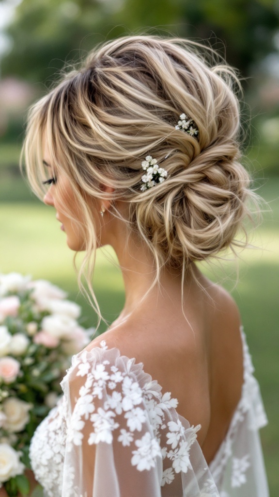 A bride with a messy bun hairstyle featuring loose strands and floral hair accessories