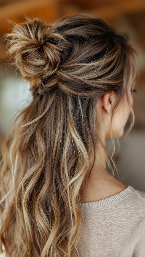 A woman with a half-up, half-down messy bun hairstyle, featuring loose tendrils framing her face.