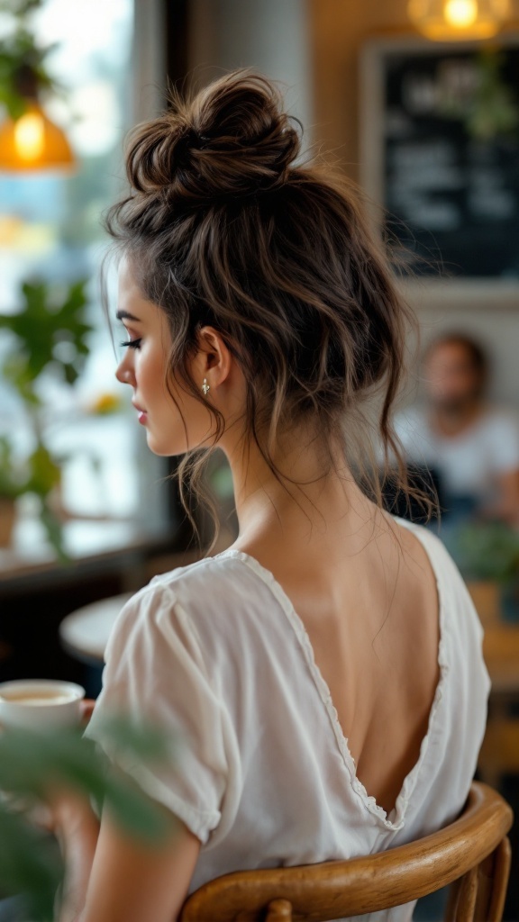 A woman with a medium bob hairstyle styled into a messy bun, seated in a café with a cup in hand.