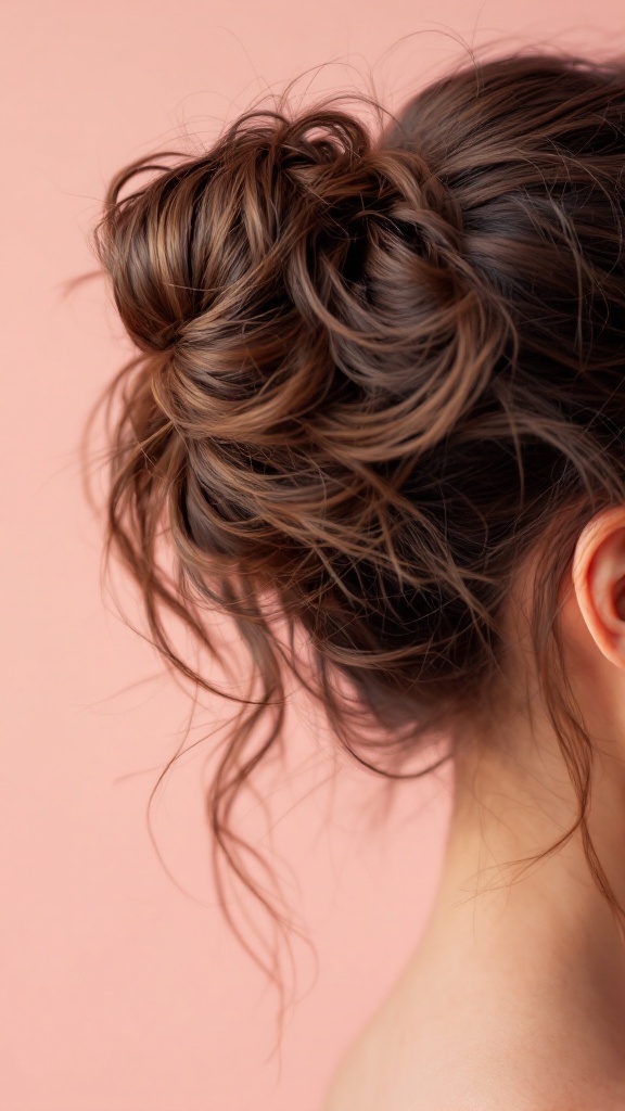A messy bun hairstyle with playful tendrils, showcasing a casual yet stylish look against a soft pink background.