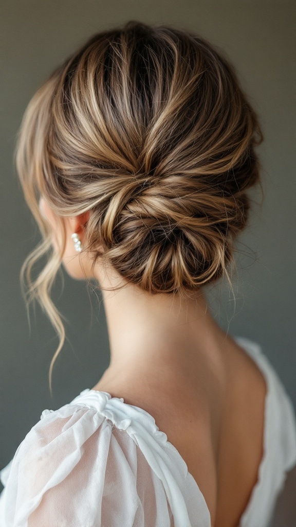 A woman with a messy bun hairstyle featuring a side-swept fringe, wearing a white dress.