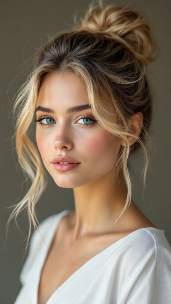 A young woman with long hair styled in a messy bun with a side part, showcasing soft waves and loose strands framing her face.