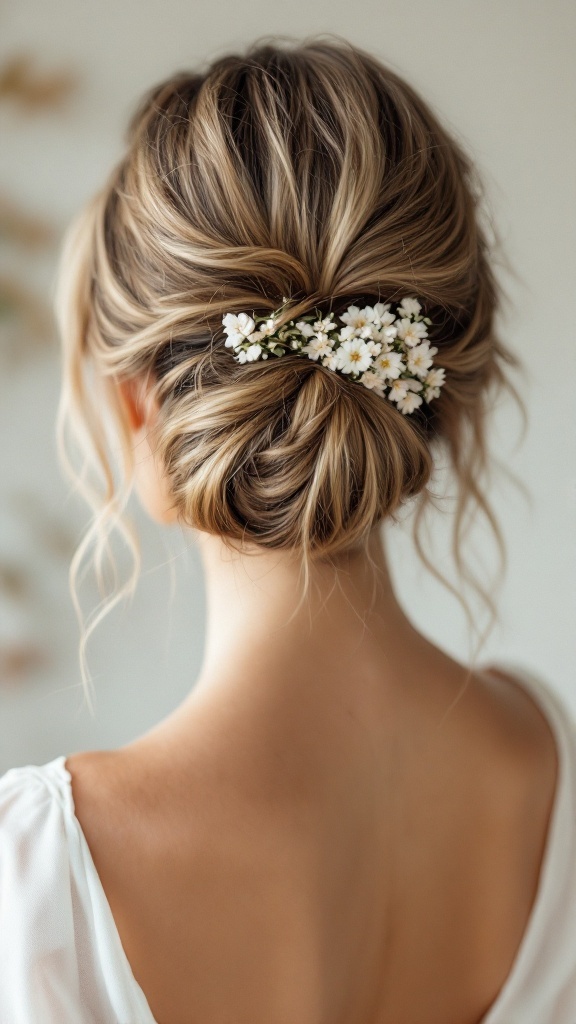 A woman showing a messy bun hairstyle adorned with flowers, featuring side swept bangs.