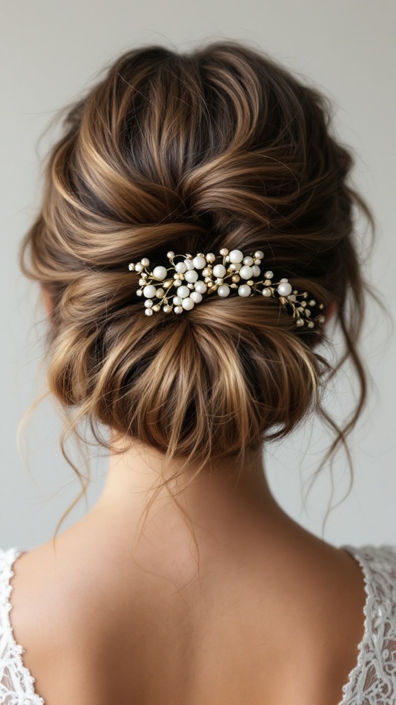 Back view of a woman's messy bun hairstyle adorned with a pearl and gold hair accessory.