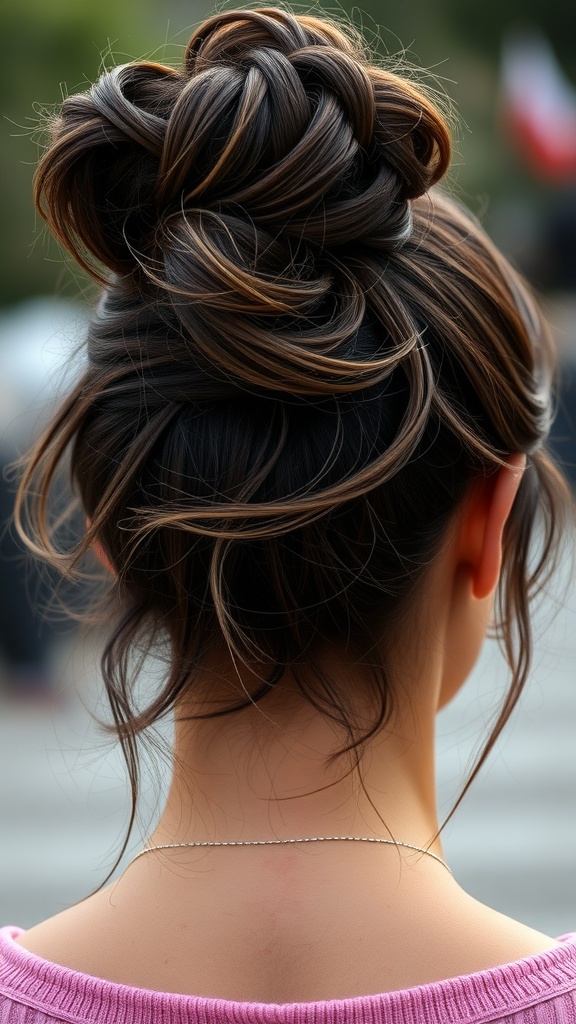 A woman with a messy bun hairstyle, featuring loose strands framing her face.