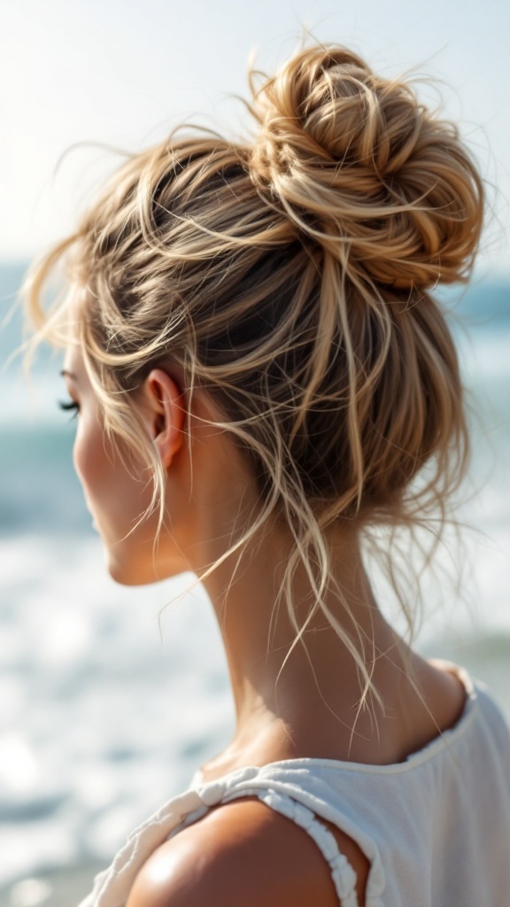 A woman with a messy bun hairstyle, showcasing sun-kissed highlights, standing near the beach.