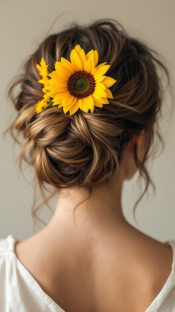 A messy bun hairstyle decorated with bright sunflowers