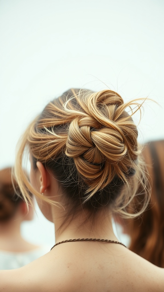 A woman with a messy bun hairstyle featuring tendrils, viewed from the back.